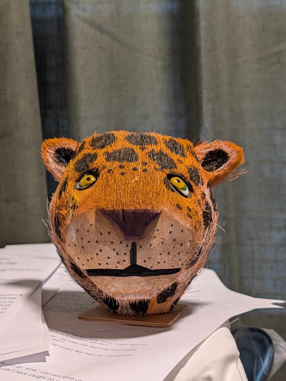VTG Mexican Folk Art Hand Carved Coconut Jaguar Head Tiki Bar Decor Shell Eyes